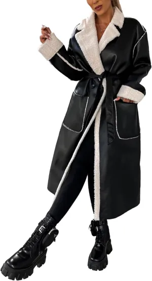 SEMATOMALA Women's Faux Leather Shearling Trench Coat Oversize Lapel Overcoat PU Leather Sherpa Lined Moto Jacket