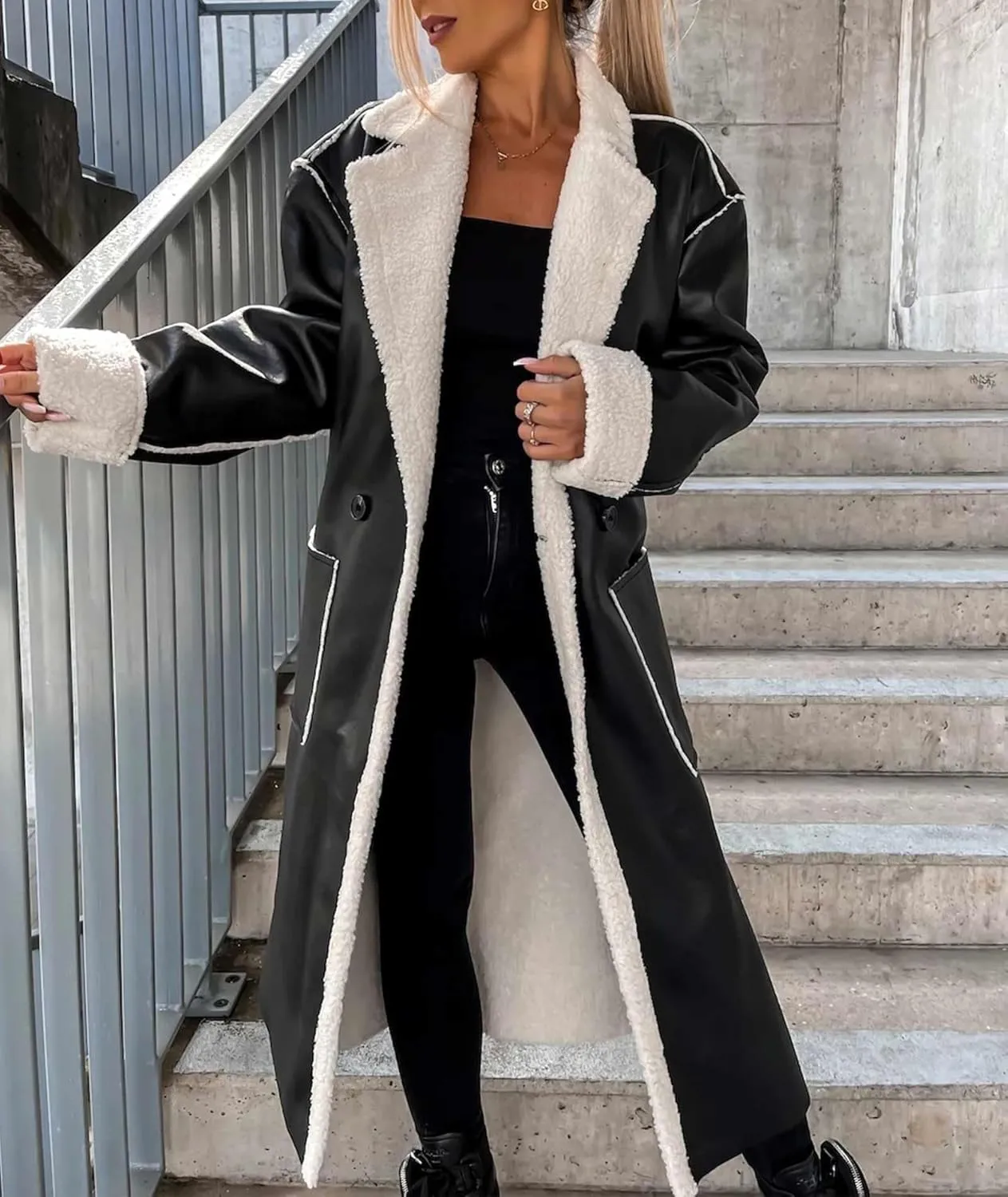 SEMATOMALA Women's Faux Leather Shearling Trench Coat Oversize Lapel Overcoat PU Leather Sherpa Lined Moto Jacket