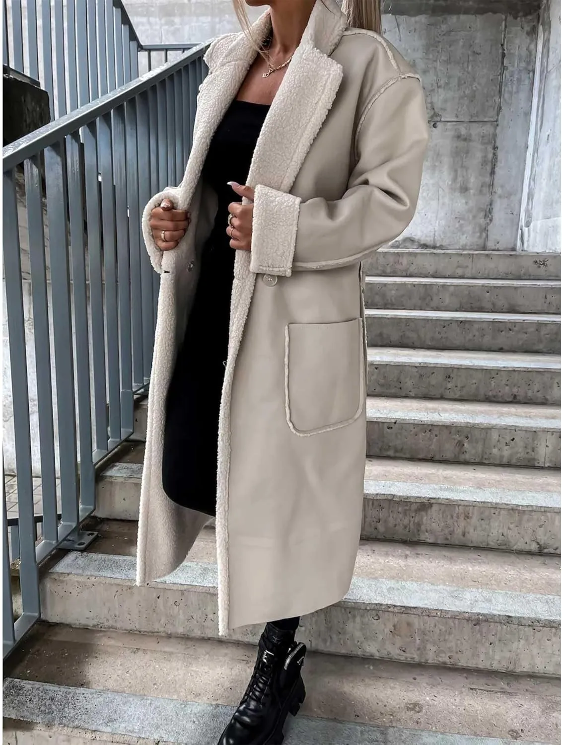 SEMATOMALA Women's Faux Leather Shearling Trench Coat Oversize Lapel Overcoat PU Leather Sherpa Lined Moto Jacket