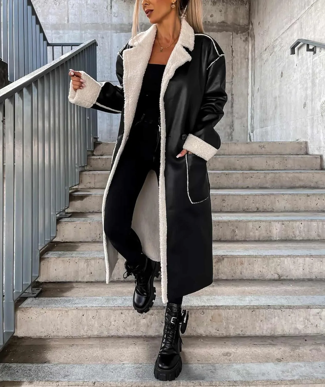 SEMATOMALA Women's Faux Leather Shearling Trench Coat Oversize Lapel Overcoat PU Leather Sherpa Lined Moto Jacket
