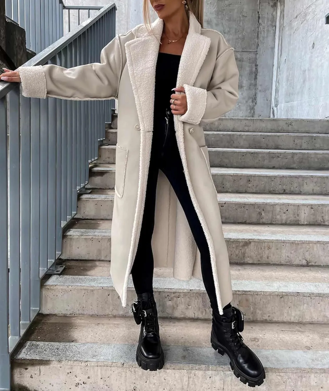 SEMATOMALA Women's Faux Leather Shearling Trench Coat Oversize Lapel Overcoat PU Leather Sherpa Lined Moto Jacket
