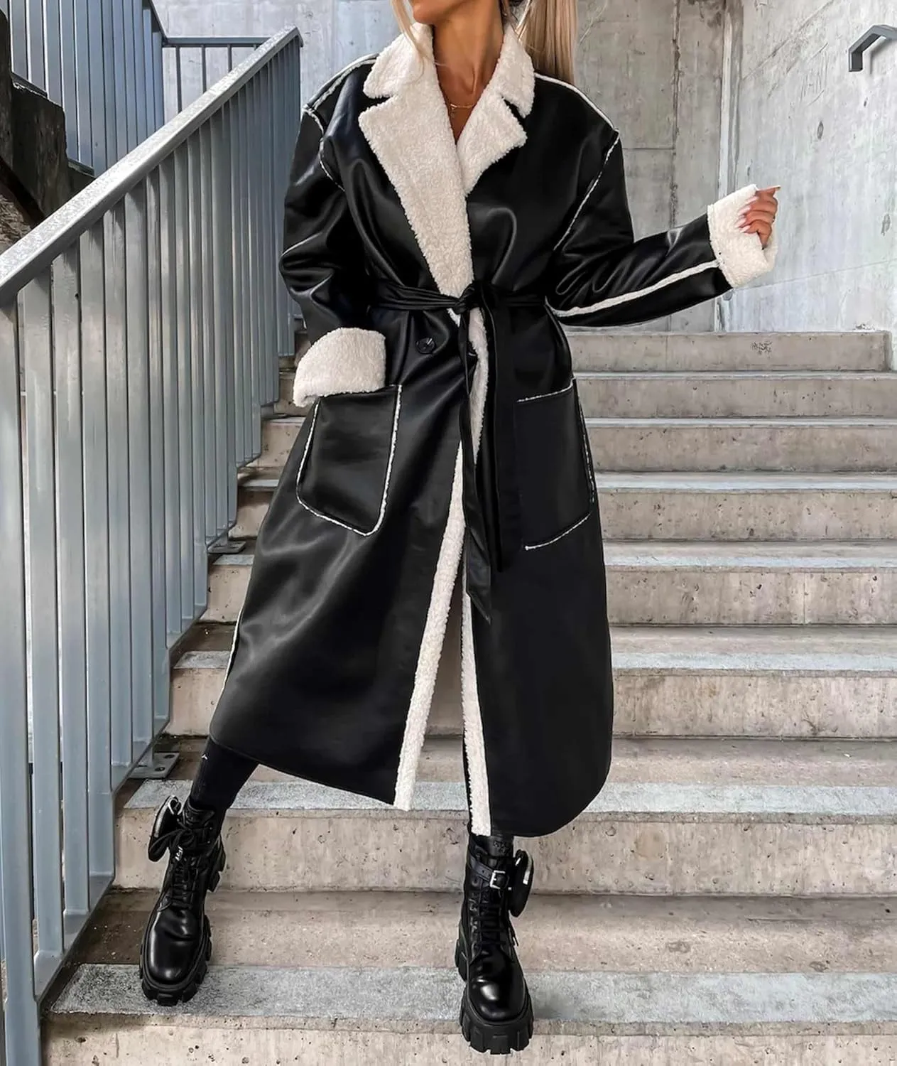 SEMATOMALA Women's Faux Leather Shearling Trench Coat Oversize Lapel Overcoat PU Leather Sherpa Lined Moto Jacket