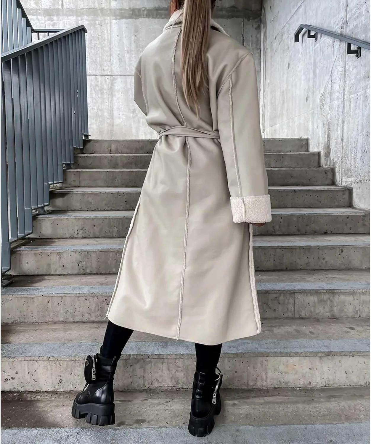 SEMATOMALA Women's Faux Leather Shearling Trench Coat Oversize Lapel Overcoat PU Leather Sherpa Lined Moto Jacket