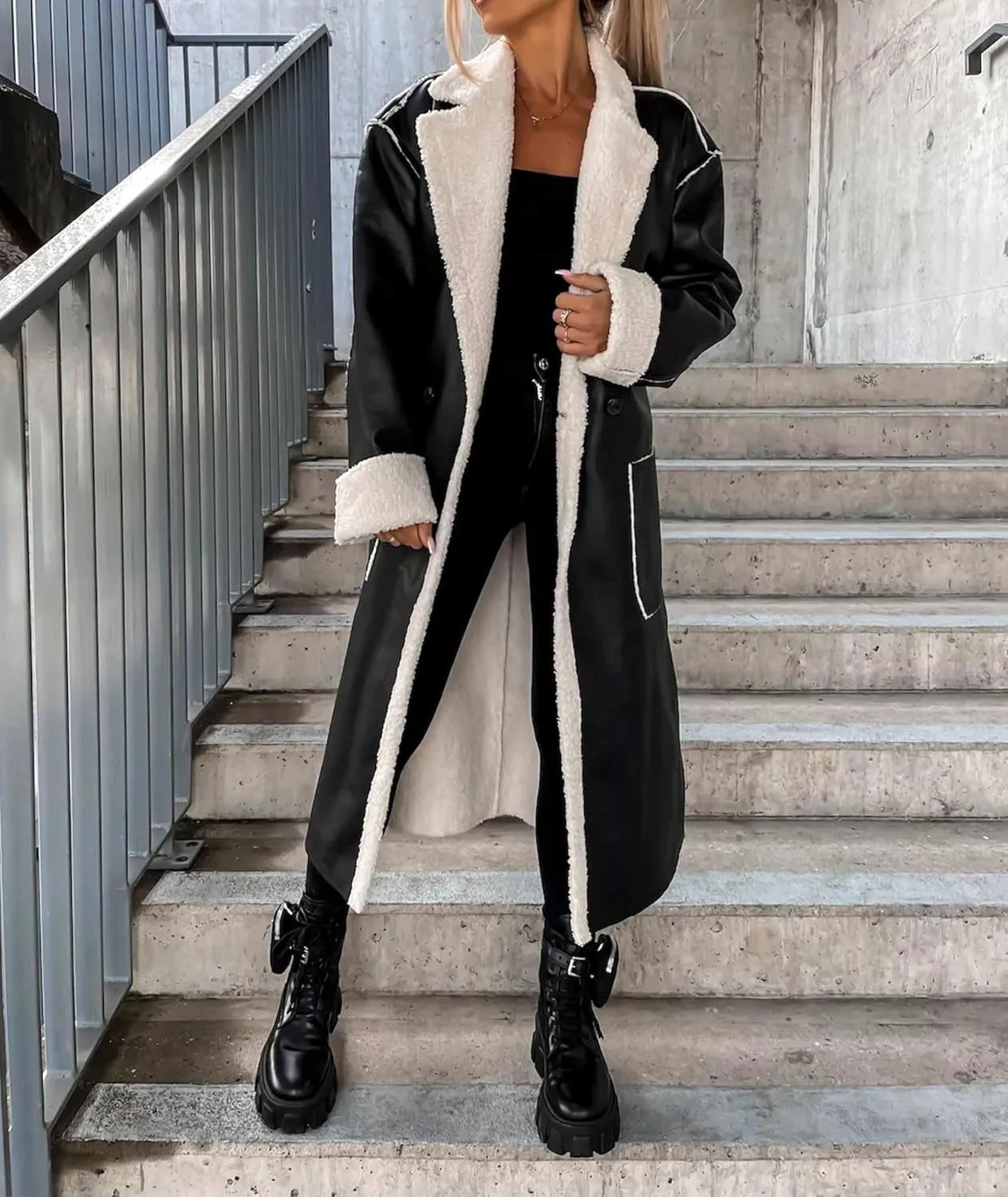SEMATOMALA Women's Faux Leather Shearling Trench Coat Oversize Lapel Overcoat PU Leather Sherpa Lined Moto Jacket