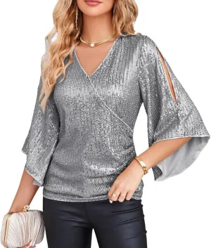 Sequin Tops For Women Sparkly Shirts Dressy V Neck Blouse 3/4 Slit Sleeve Top For Party Night Glitter Carnival Tops