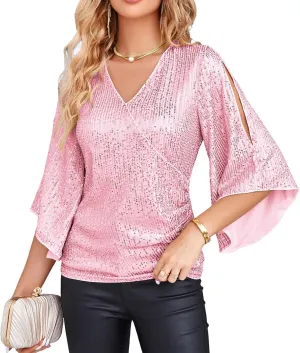 Sequin Tops For Women Sparkly Shirts Dressy V Neck Blouse 3/4 Slit Sleeve Top For Party Night Glitter Carnival Tops