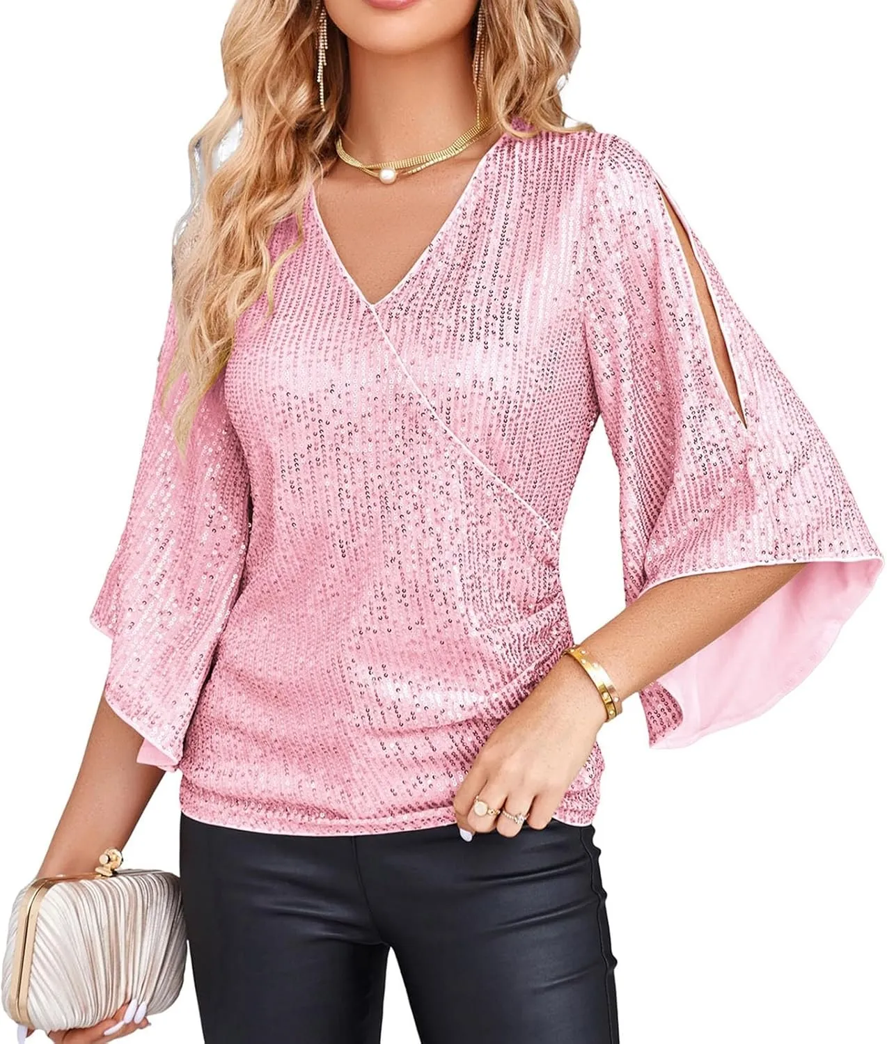 Sequin Tops For Women Sparkly Shirts Dressy V Neck Blouse 3/4 Slit Sleeve Top For Party Night Glitter Carnival Tops