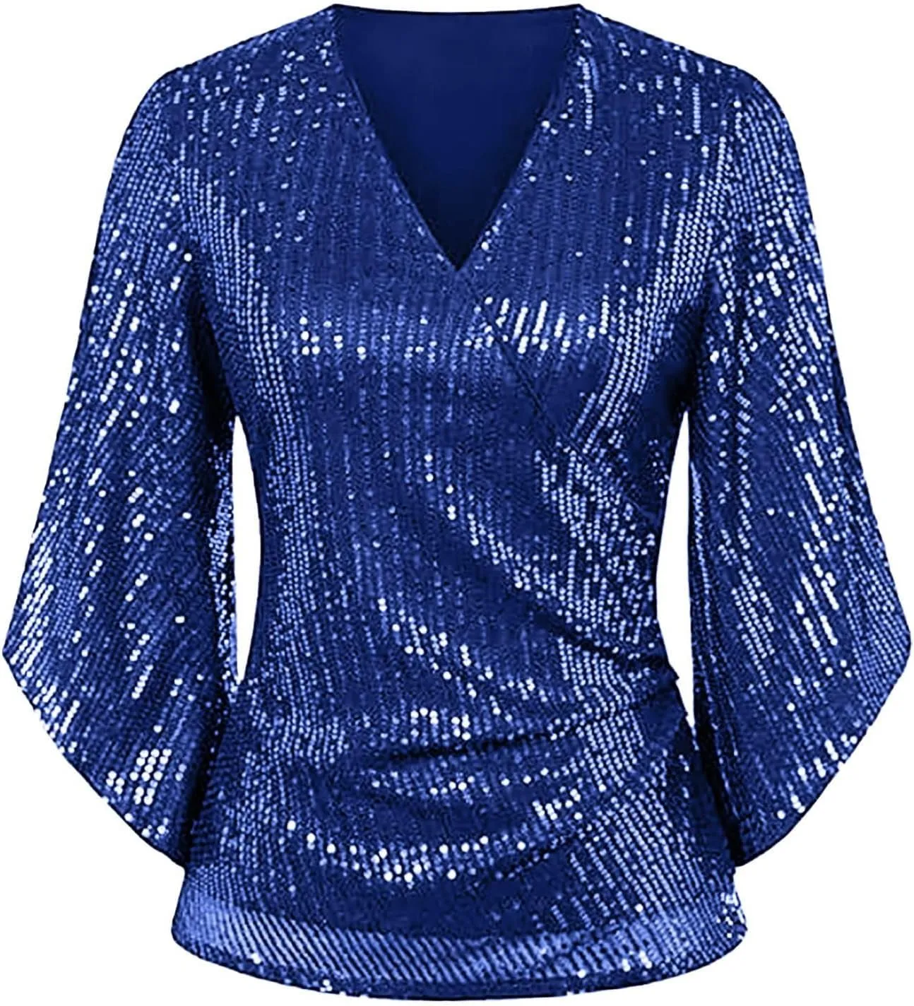 Sequin Tops For Women Sparkly Shirts Dressy V Neck Blouse 3/4 Slit Sleeve Top For Party Night Glitter Carnival Tops