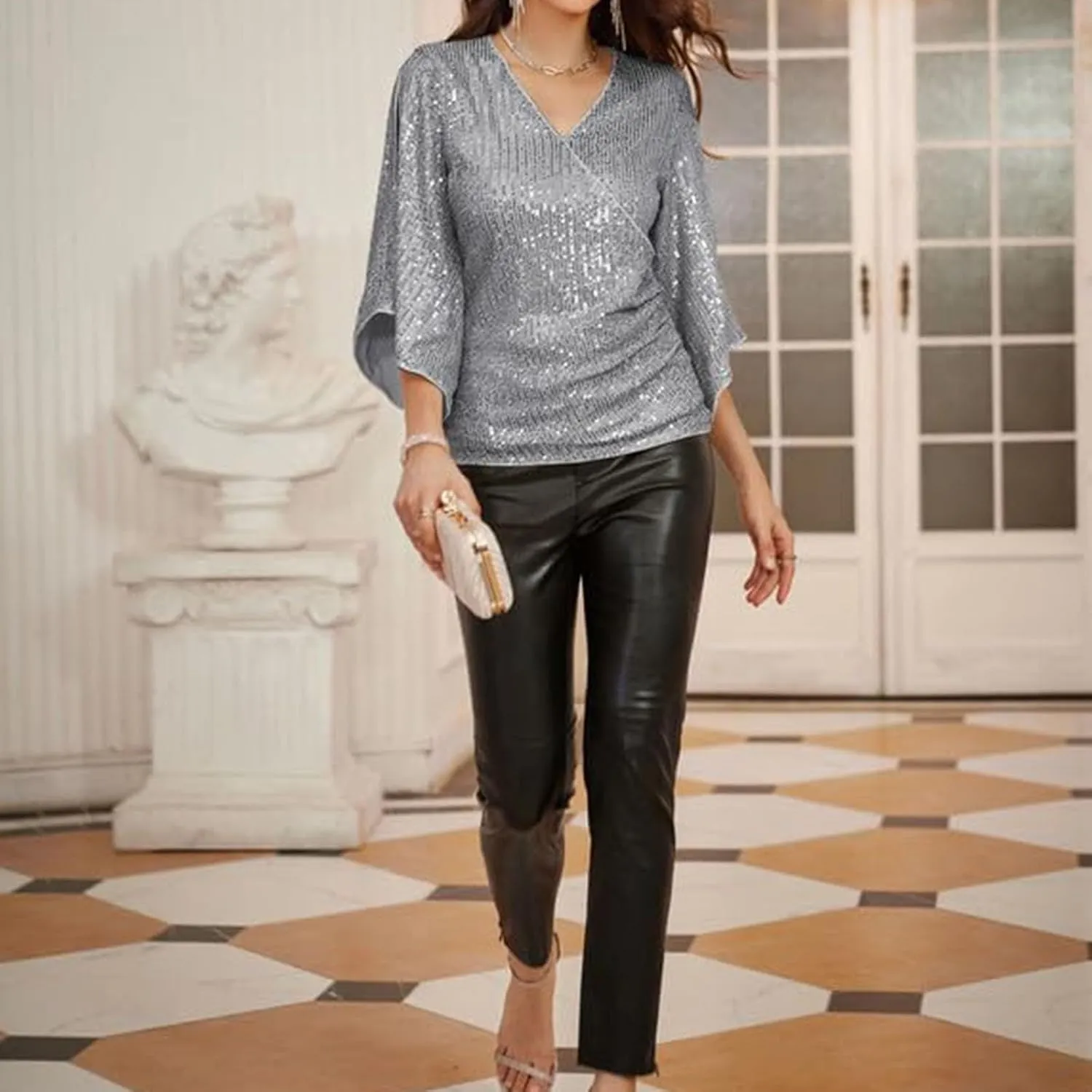 Sequin Tops For Women Sparkly Shirts Dressy V Neck Blouse 3/4 Slit Sleeve Top For Party Night Glitter Carnival Tops