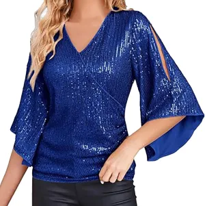 Sequin Tops For Women Sparkly Shirts Dressy V Neck Blouse 3/4 Slit Sleeve Top For Party Night Glitter Carnival Tops