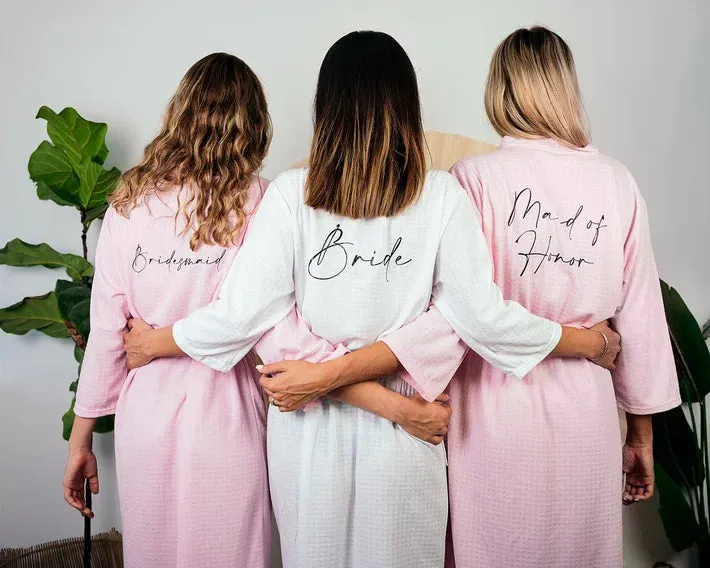 Set of 14 Custom Waffled Knit Wedding Cotton robes for Bachelorette Party - Vinyl Alfresco