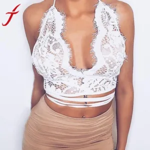 Sexy Lace Crop Tops Women Hollow Out Translucent Underwear Sheer Strap Lingerie Backless Top Halter Short Bustier