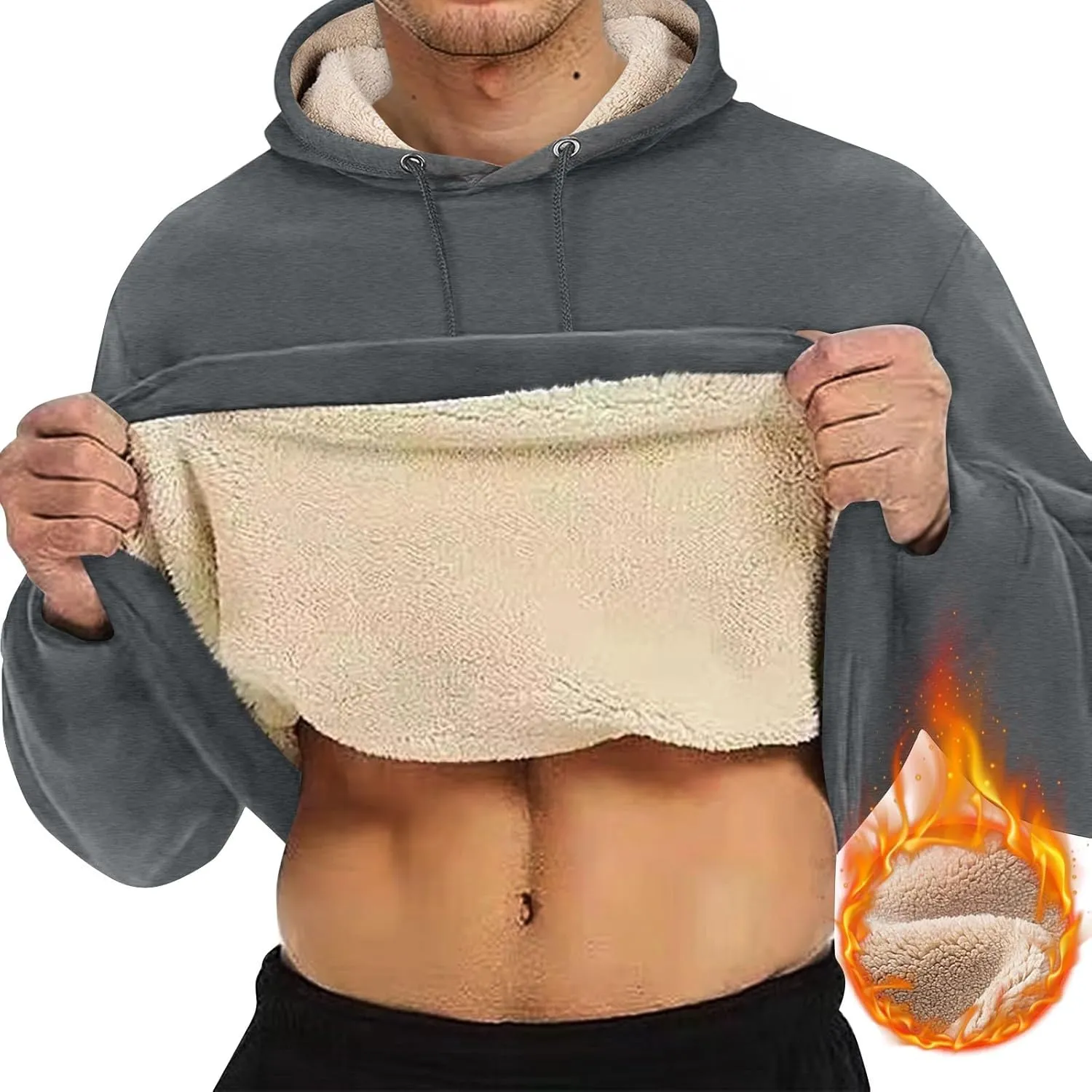 Sherpa Lined Hoodie Mens Fall,Winter Warm Sweaters and Pullovers Comfy Thermal Plush Plain Hoodies Casual Hooded