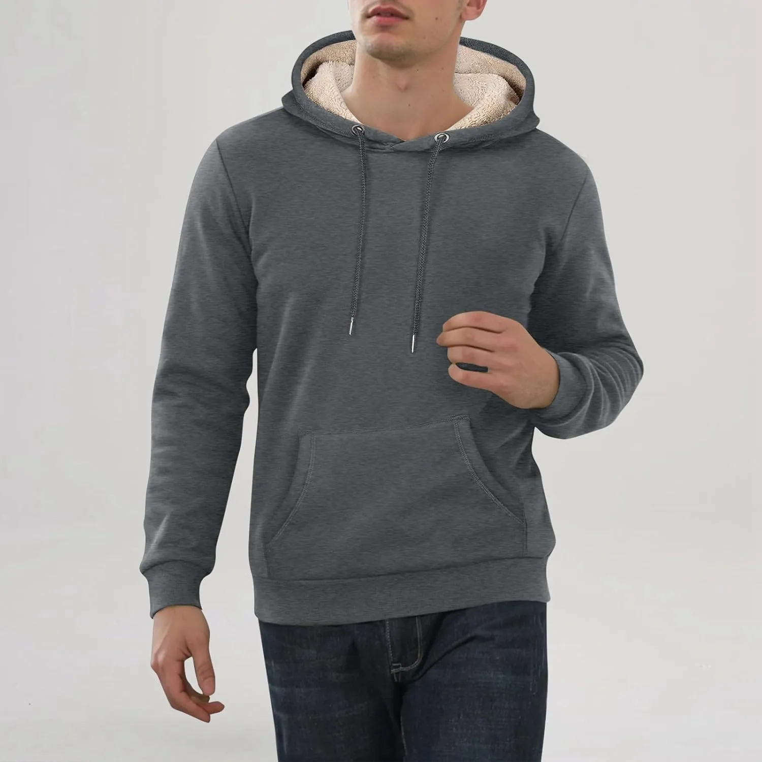 Sherpa Lined Hoodie Mens Fall,Winter Warm Sweaters and Pullovers Comfy Thermal Plush Plain Hoodies Casual Hooded