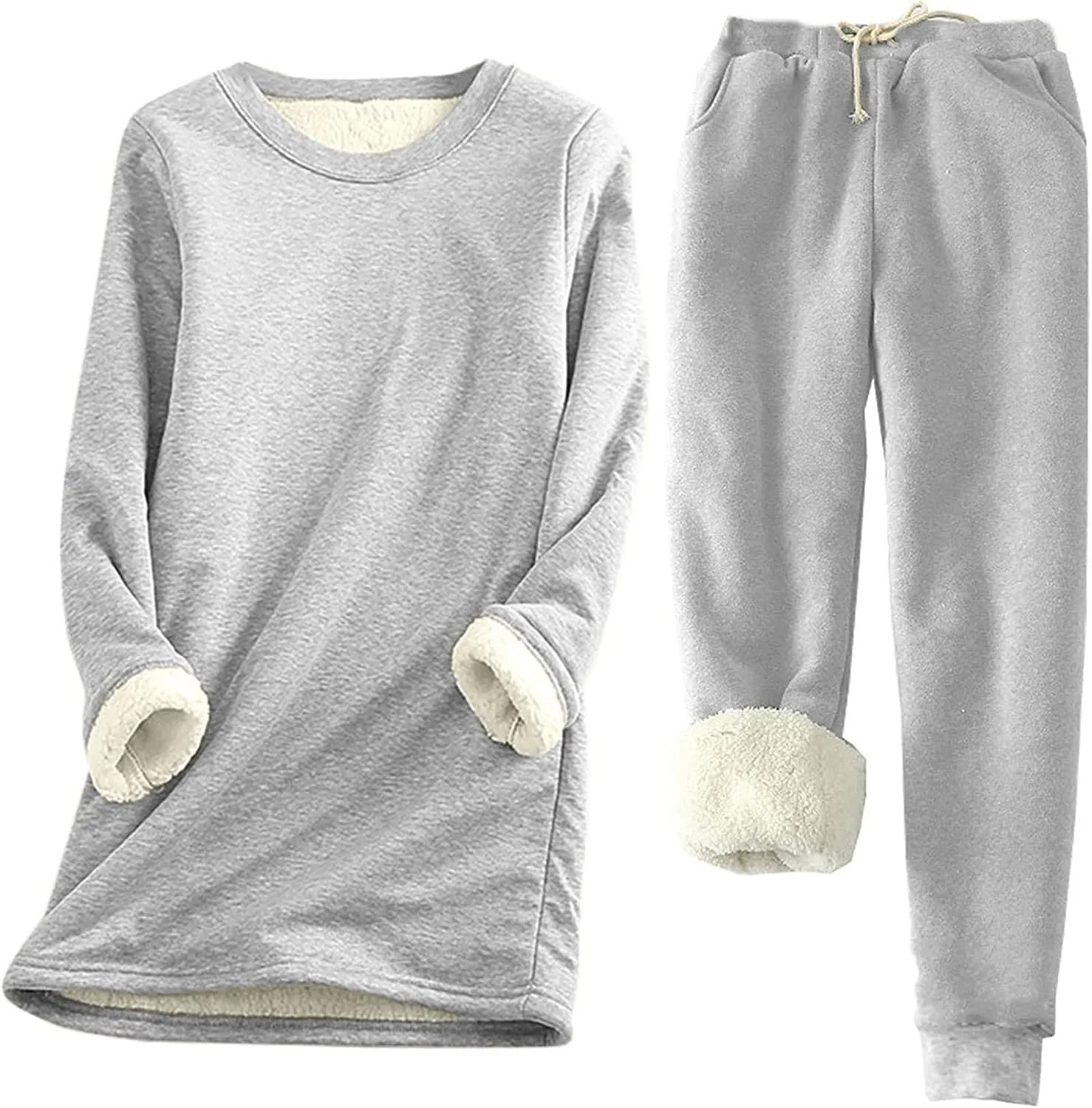 Sherpa Lined Lounge Sets for Women 2 Piece Warm Outfits Long Sleeve Pullover with Pockets Fuzzy Fleece Pajamas Set