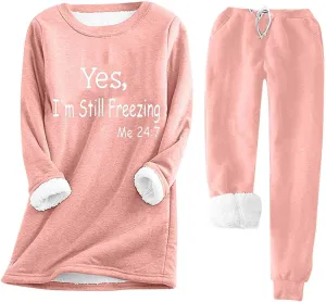 Sherpa Lined Lounge Sets for Women 2 Piece Warm Outfits Long Sleeve Pullover with Pockets Fuzzy Fleece Pajamas Set
