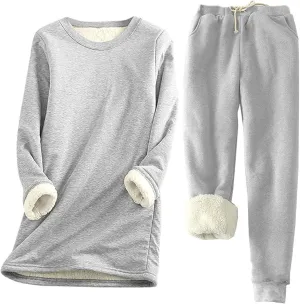 Sherpa Lined Lounge Sets for Women 2 Piece Warm Outfits Long Sleeve Pullover with Pockets Fuzzy Fleece Pajamas Set
