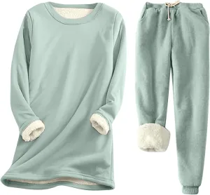 Sherpa Lined Lounge Sets for Women 2 Piece Warm Outfits Long Sleeve Pullover with Pockets Fuzzy Fleece Pajamas Set