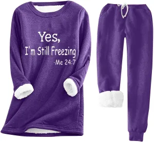 Sherpa Lined Lounge Sets for Women 2 Piece Warm Outfits Long Sleeve Pullover with Pockets Fuzzy Fleece Pajamas Set