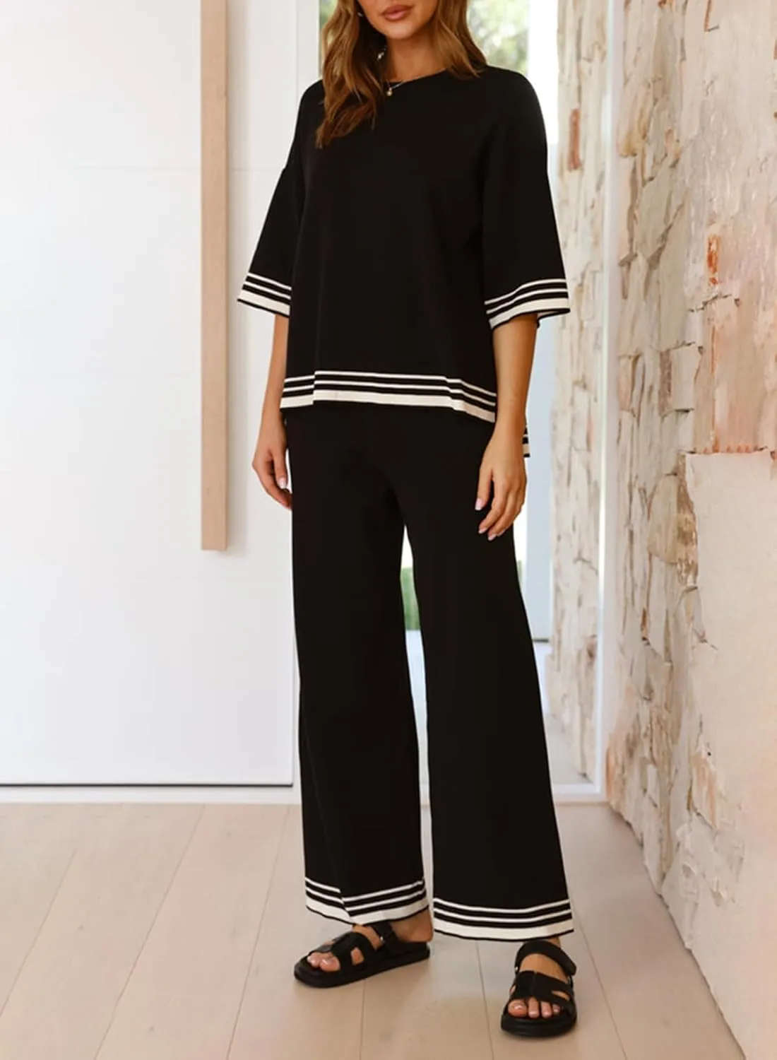 SHEWIN Lounge Sets for Women Casual 2 Piece Sweater Sets Loose Knit Womens Pajama Sets