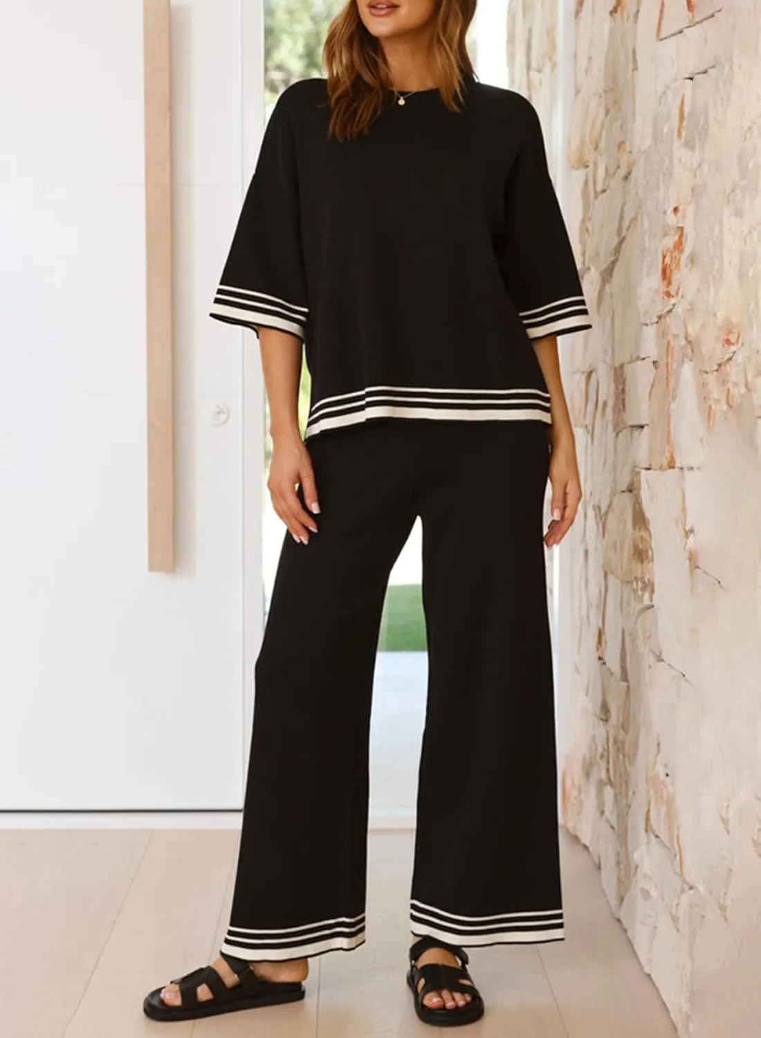 SHEWIN Lounge Sets for Women Casual 2 Piece Sweater Sets Loose Knit Womens Pajama Sets