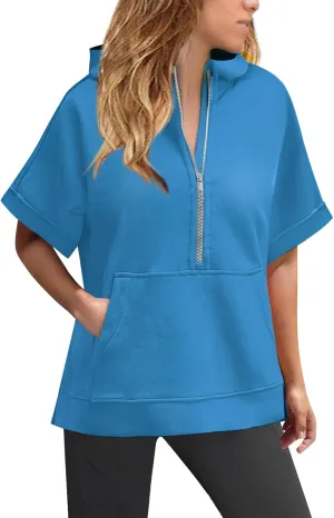 Short Sleeve Hoodies for Women Oversized Half Zip Hoodies Casual Loose Solid Sweatshirts Pullover Tops with Pockets