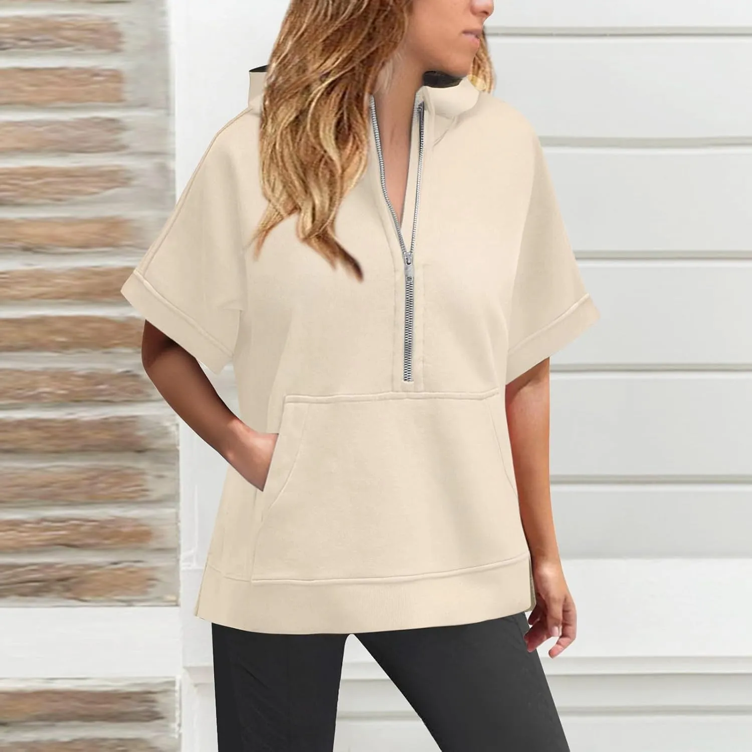 Short Sleeve Hoodies for Women Oversized Half Zip Hoodies Casual Loose Solid Sweatshirts Pullover Tops with Pockets