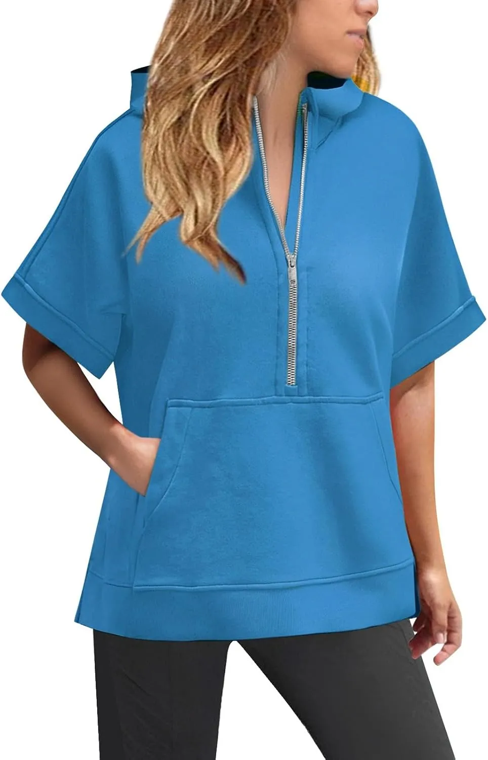 Short Sleeve Hoodies for Women Oversized Half Zip Hoodies Casual Loose Solid Sweatshirts Pullover Tops with Pockets
