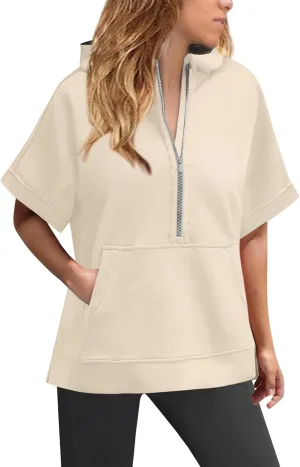 Short Sleeve Hoodies for Women Oversized Half Zip Hoodies Casual Loose Solid Sweatshirts Pullover Tops with Pockets