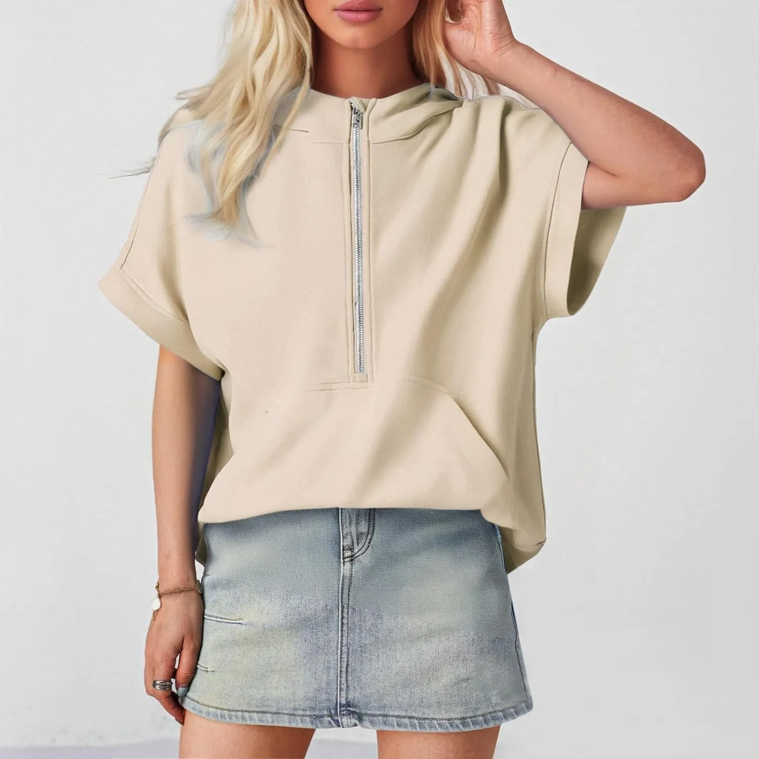 Short Sleeve Hoodies for Women Oversized Half Zip Hoodies Casual Loose Solid Sweatshirts Pullover Tops with Pockets