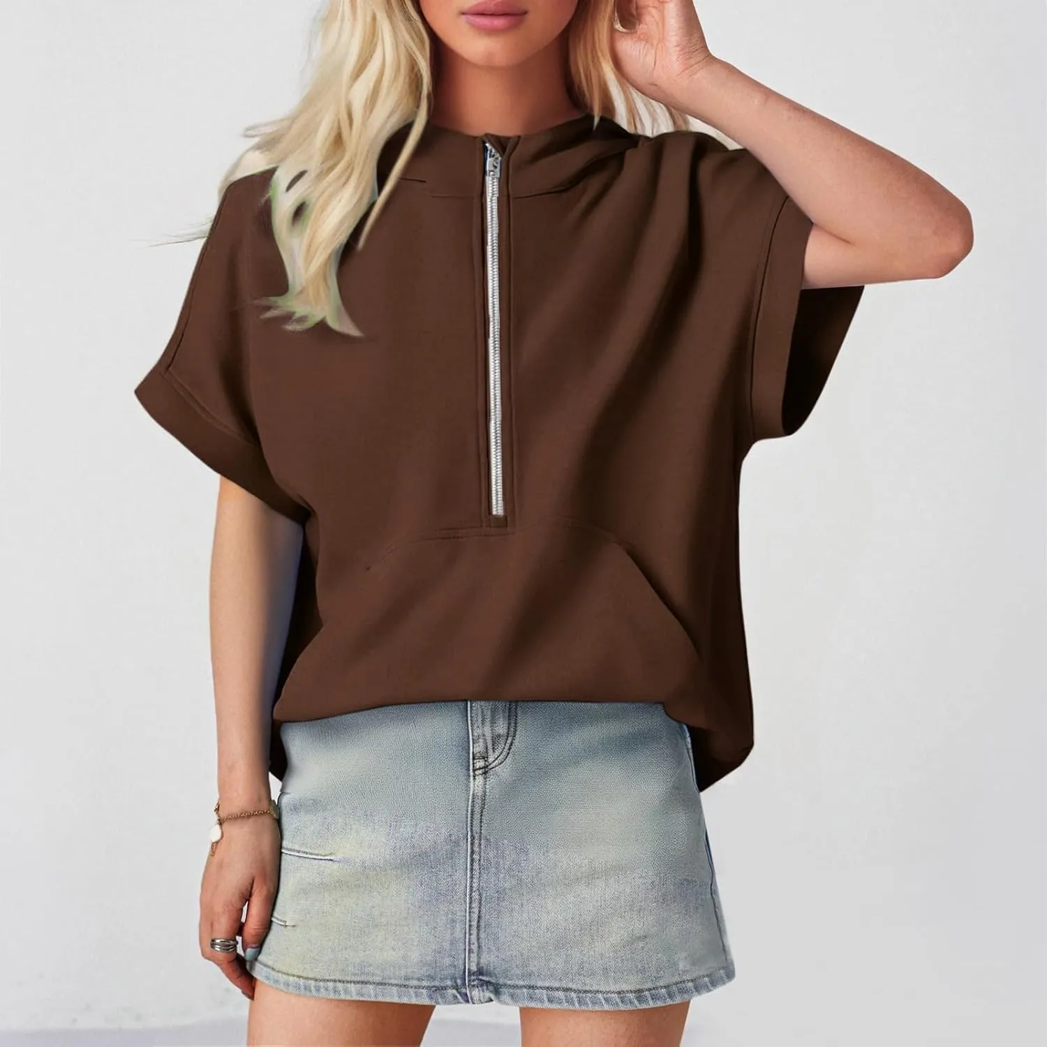 Short Sleeve Hoodies for Women Oversized Half Zip Hoodies Casual Loose Solid Sweatshirts Pullover Tops with Pockets