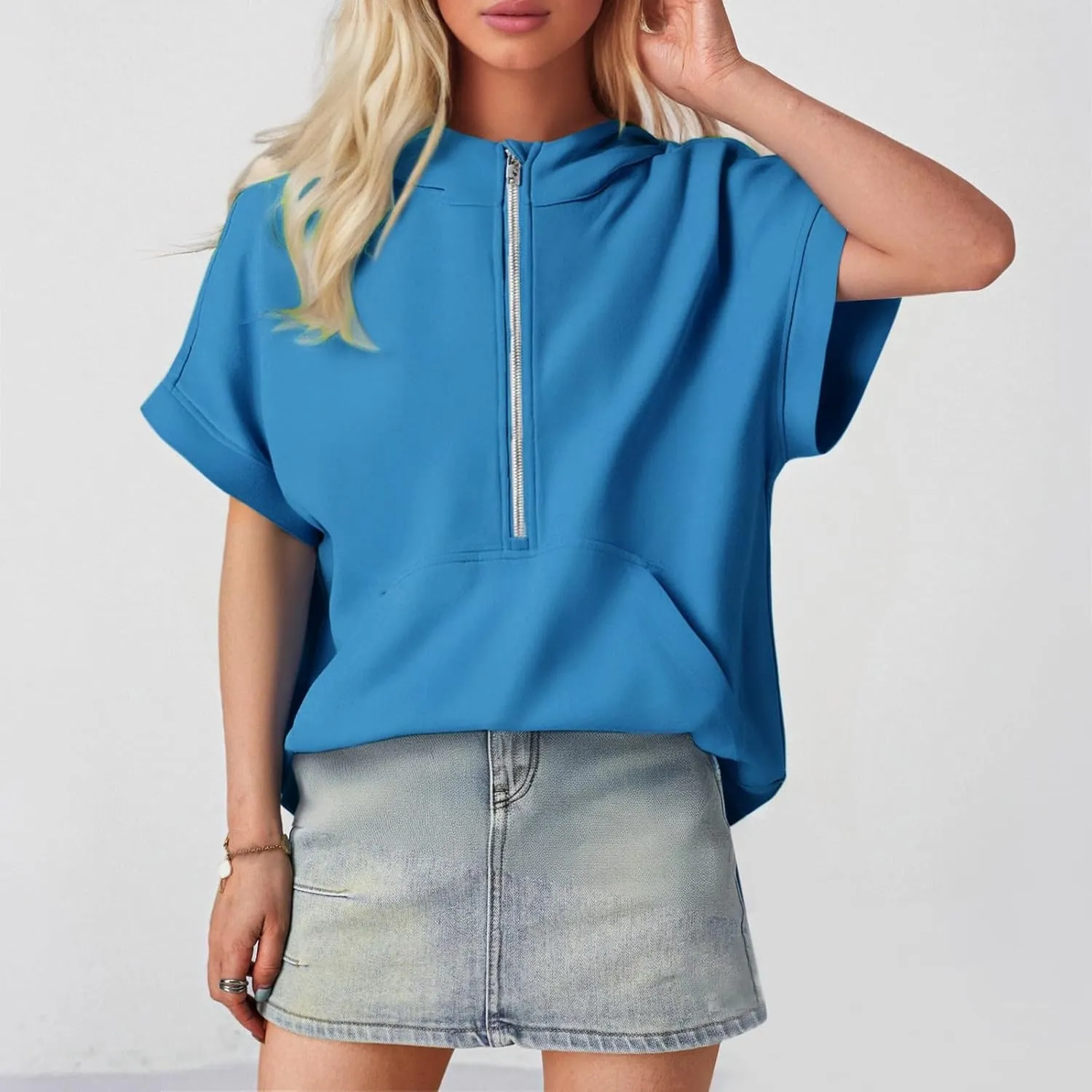 Short Sleeve Hoodies for Women Oversized Half Zip Hoodies Casual Loose Solid Sweatshirts Pullover Tops with Pockets
