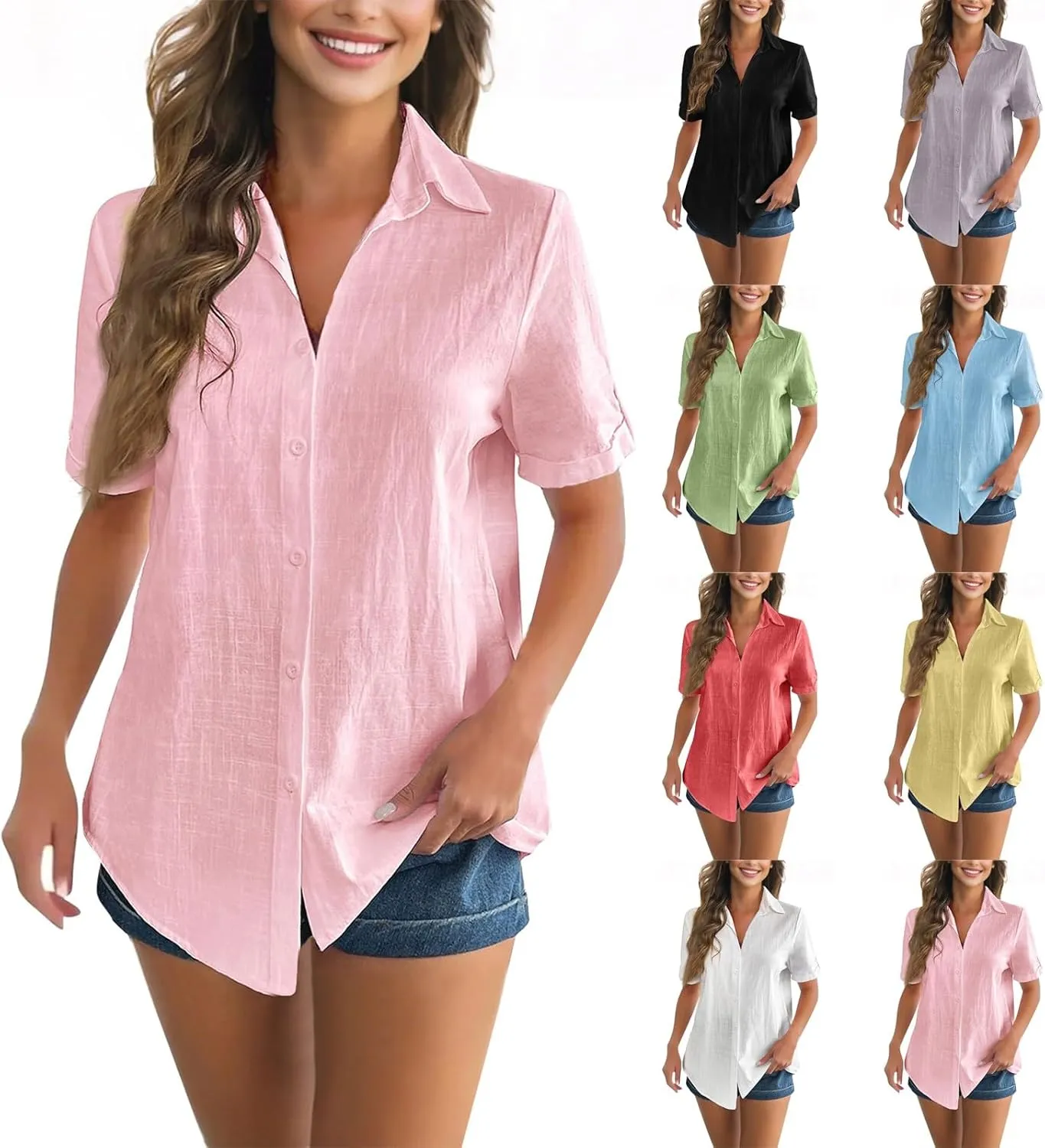 Short Sleeve Shirts for Women V Neck Button Down Linen Shirts 2025 Trendy Summer Casual Beach Flowy Boho Blouses Tops