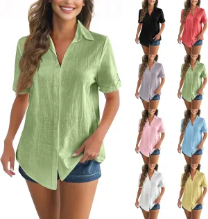 Short Sleeve Shirts for Women V Neck Button Down Linen Shirts 2025 Trendy Summer Casual Beach Flowy Boho Blouses Tops