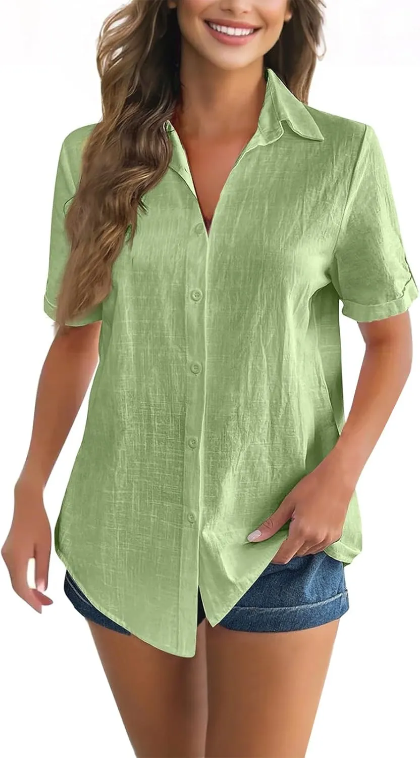 Short Sleeve Shirts for Women V Neck Button Down Linen Shirts 2025 Trendy Summer Casual Beach Flowy Boho Blouses Tops