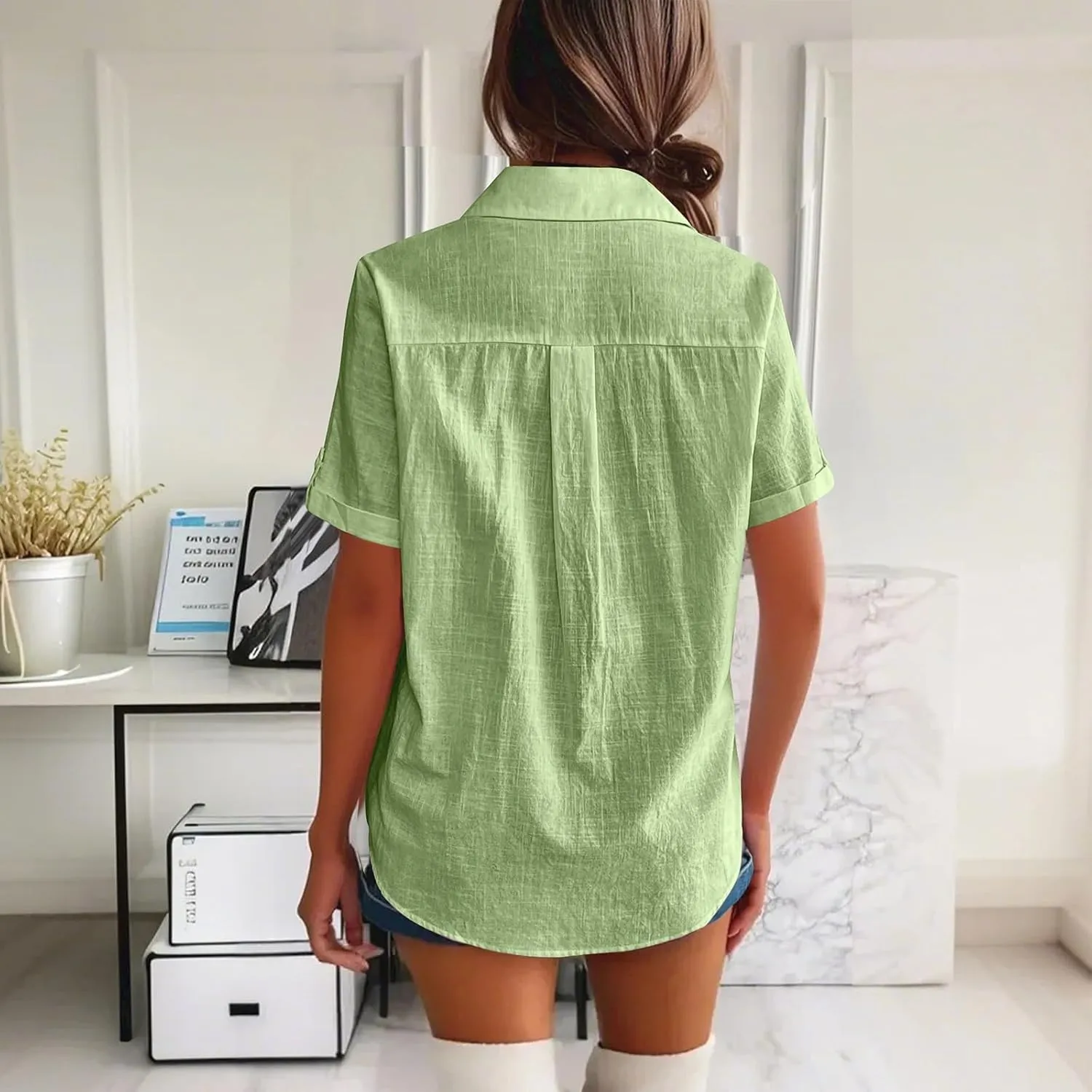 Short Sleeve Shirts for Women V Neck Button Down Linen Shirts 2025 Trendy Summer Casual Beach Flowy Boho Blouses Tops