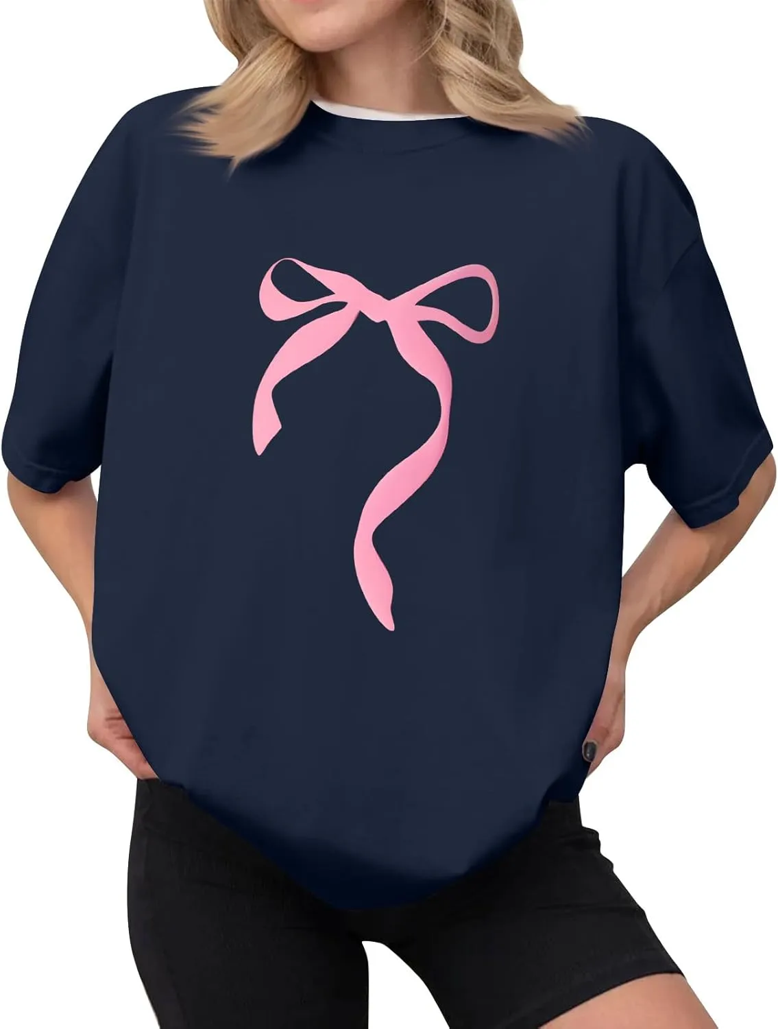 Short Sleeve Shirts for Women,2025 Summer Cute Trendy Pink Bow Print Going Out Tops,Casual Loose Crewneck Y2K Tees