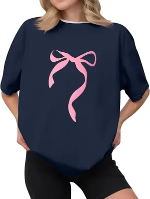 Short Sleeve Shirts for Women,2025 Summer Cute Trendy Pink Bow Print Going Out Tops,Casual Loose Crewneck Y2K Tees