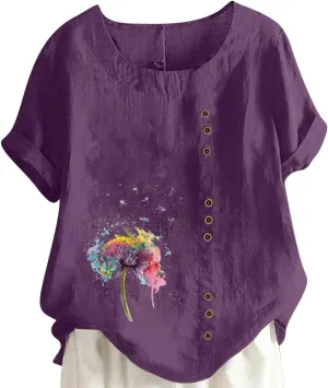 Short Sleeve Tshirts for Women Fall Summer Boat Neck Linen Daisy Flower Loose Fit Long Tops Shirt Women 2024