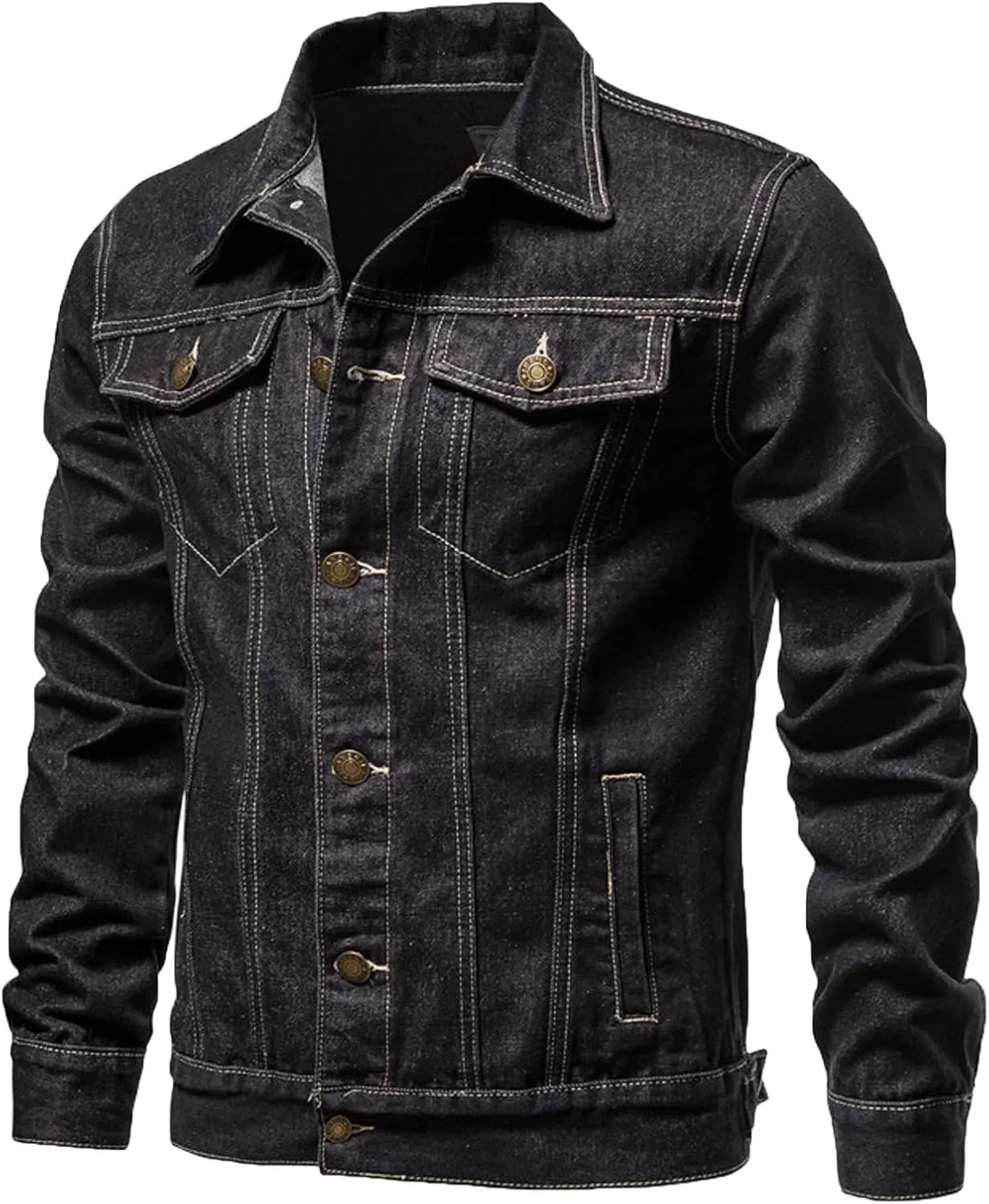 Sinzelimin Men's Denim Jacket Lightweight Lapel Casual Top Button Classic Rugged Wear Trucker Jacket Slim Jean Coat Outerwear