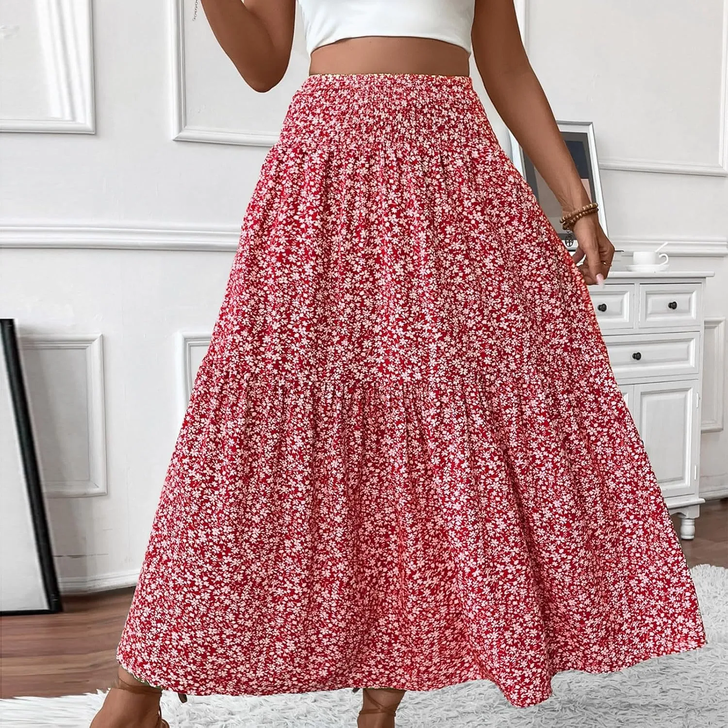 Skirts for Women Midi Length Women's Boho Floral Print Elastic High Waisted Swing A-Line Tiered Summer Beach Skirt