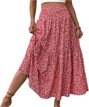 Skirts for Women Midi Length Women's Boho Floral Print Elastic High Waisted Swing A-Line Tiered Summer Beach Skirt