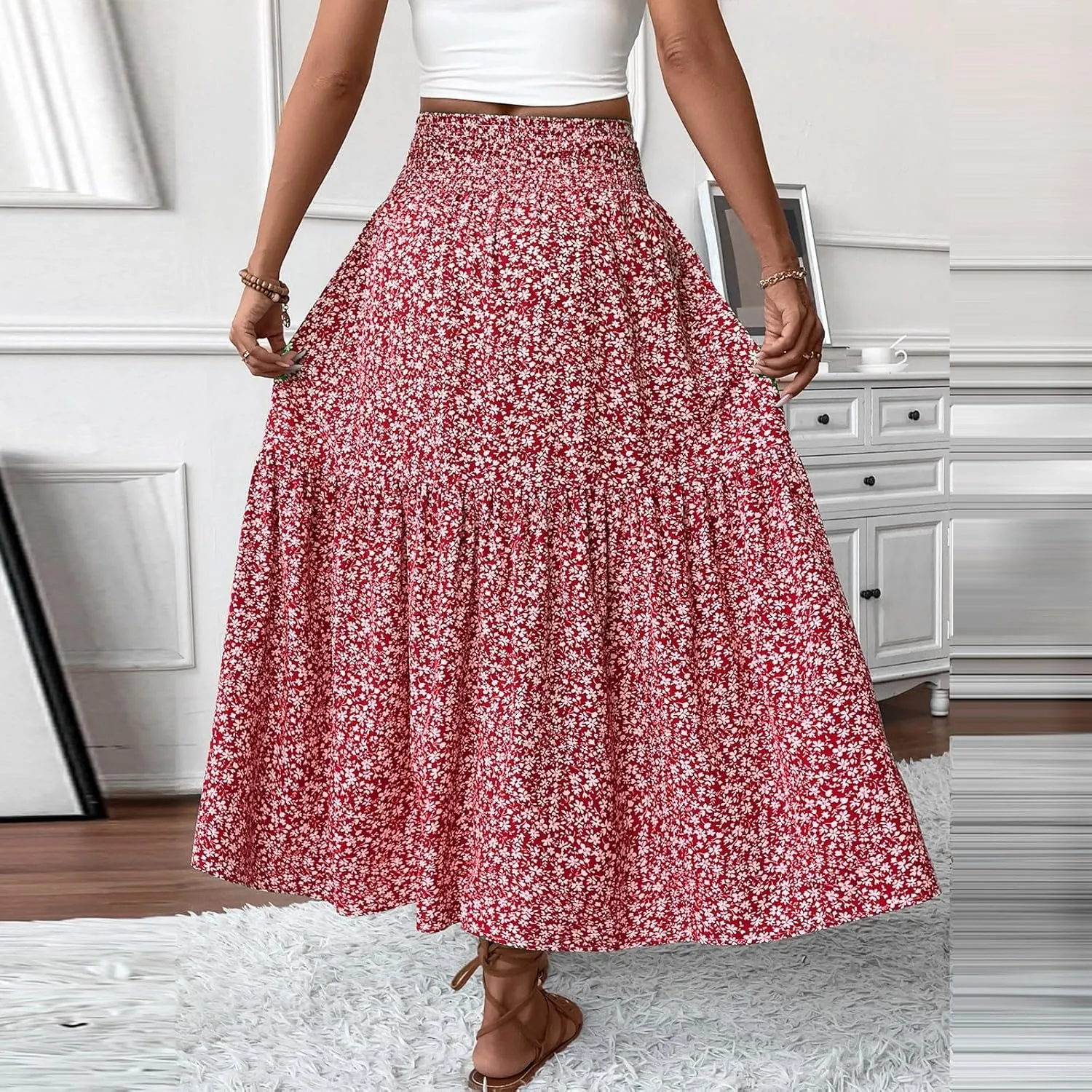 Skirts for Women Midi Length Women's Boho Floral Print Elastic High Waisted Swing A-Line Tiered Summer Beach Skirt