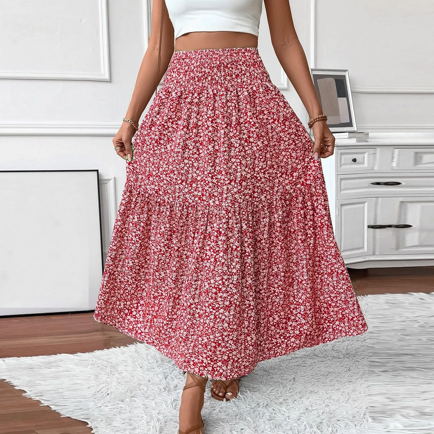 Skirts for Women Midi Length Women's Boho Floral Print Elastic High Waisted Swing A-Line Tiered Summer Beach Skirt