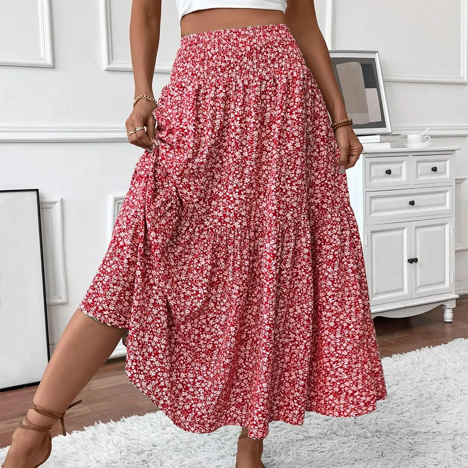 Skirts for Women Midi Length Women's Boho Floral Print Elastic High Waisted Swing A-Line Tiered Summer Beach Skirt