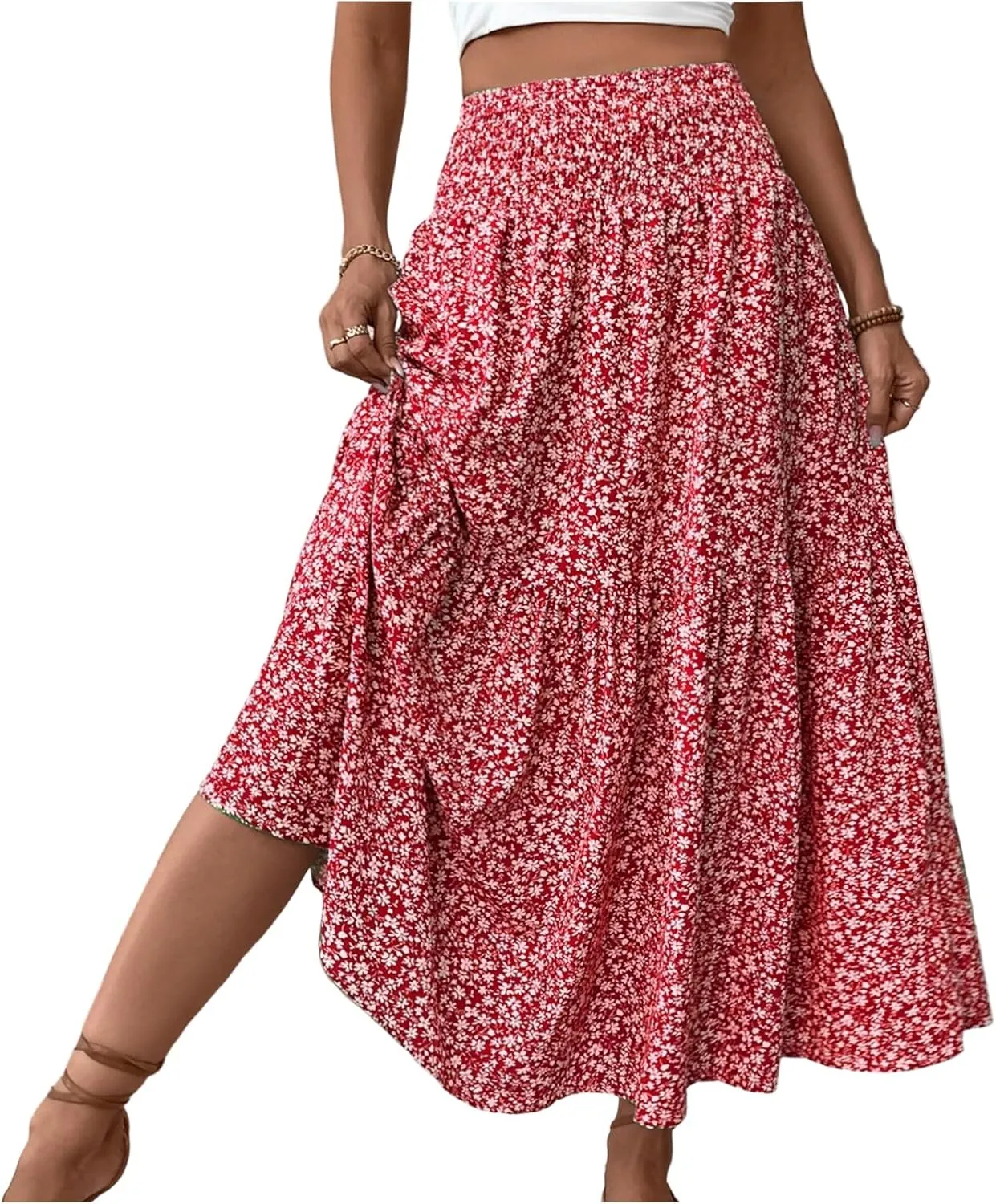 Skirts for Women Midi Length Women's Boho Floral Print Elastic High Waisted Swing A-Line Tiered Summer Beach Skirt