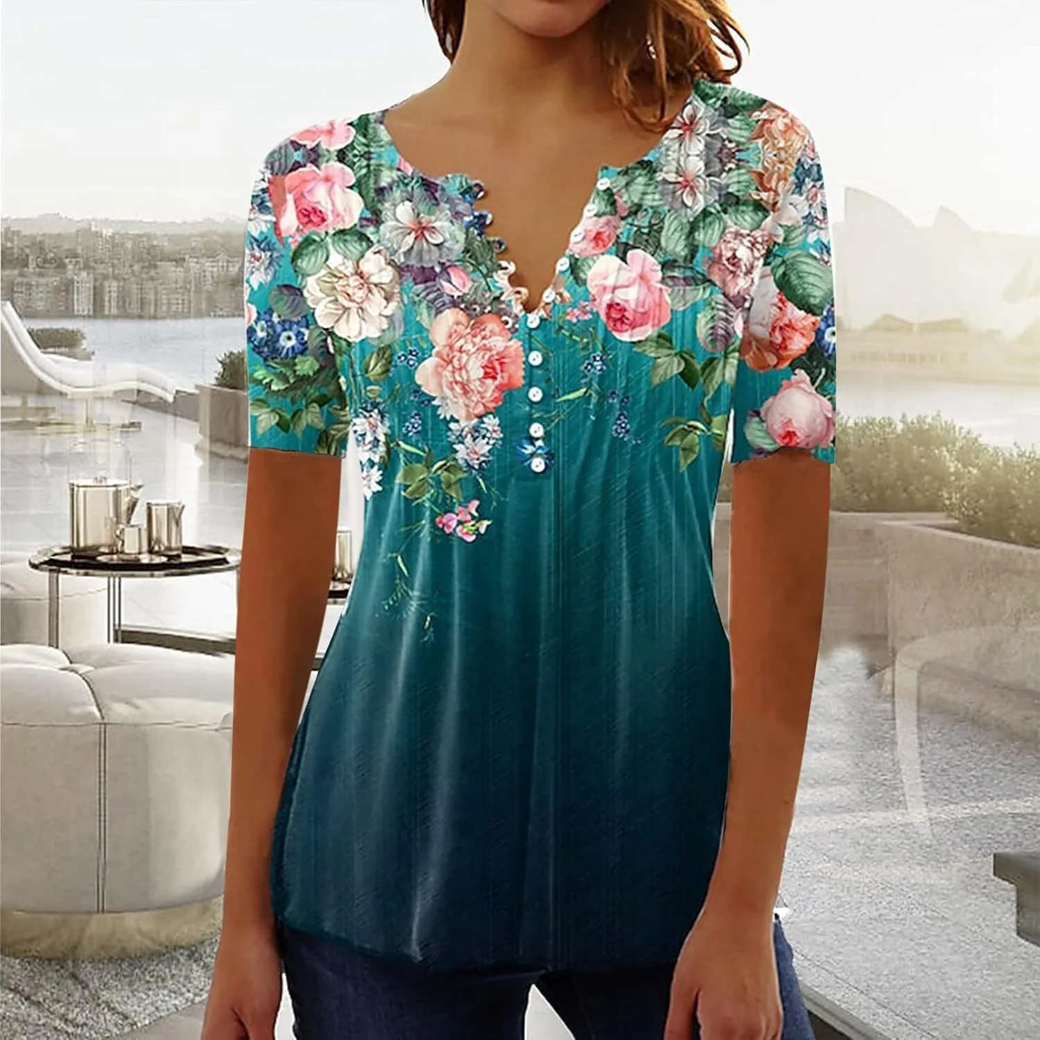 SMIDOW Plus Size Tunic Tops for Women Trendy 2024 Boho Floral Shirts Short Sleeve Notch v Neck t-Shirt Graphic Tees Blouse