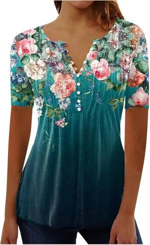 SMIDOW Plus Size Tunic Tops for Women Trendy 2024 Boho Floral Shirts Short Sleeve Notch v Neck t-Shirt Graphic Tees Blouse