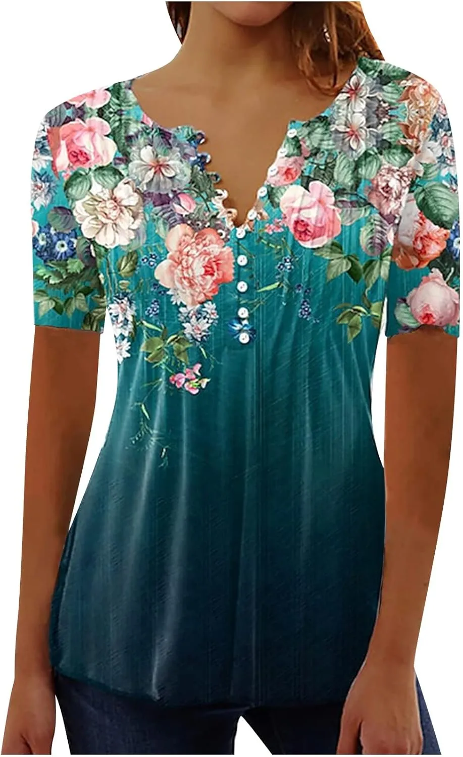 SMIDOW Plus Size Tunic Tops for Women Trendy 2024 Boho Floral Shirts Short Sleeve Notch v Neck t-Shirt Graphic Tees Blouse