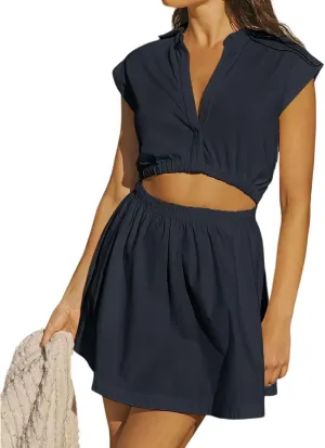 Smoneyful Womens 2 Piece Outfits, Cap Sleeve V Neck Crop Top with Elastic High Waist Flowy Mini Skirt Sets, Casual Lounge